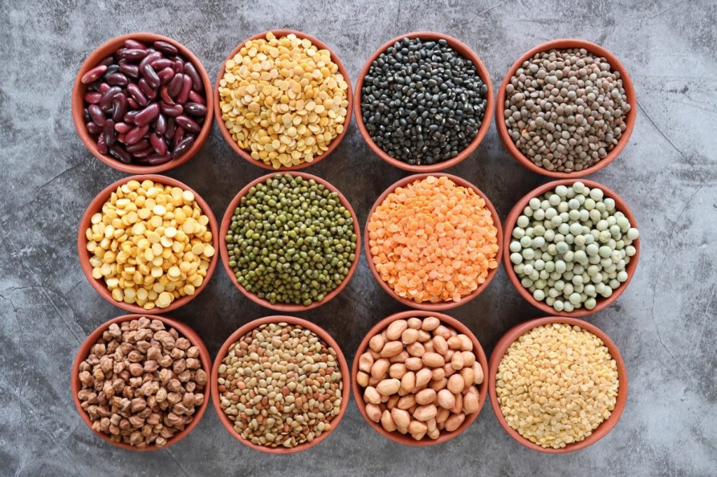 Assorted Grains and Pulses in Bowls